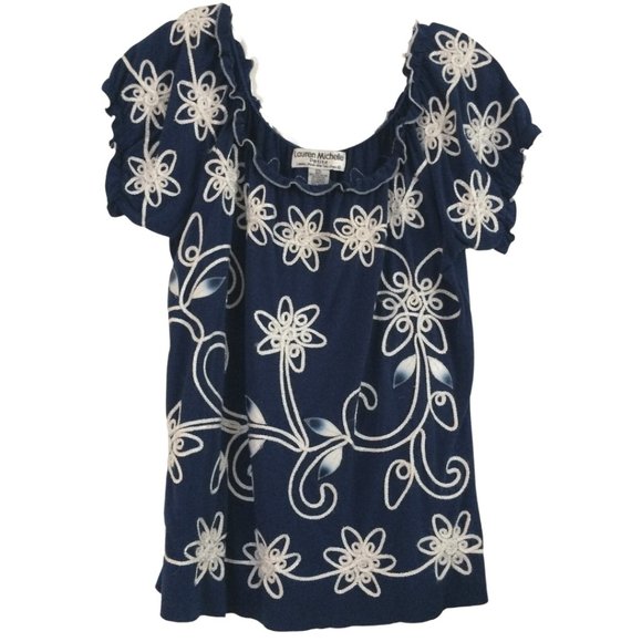 Blue floral embroidery peasant top XL - Picture 1 of 8